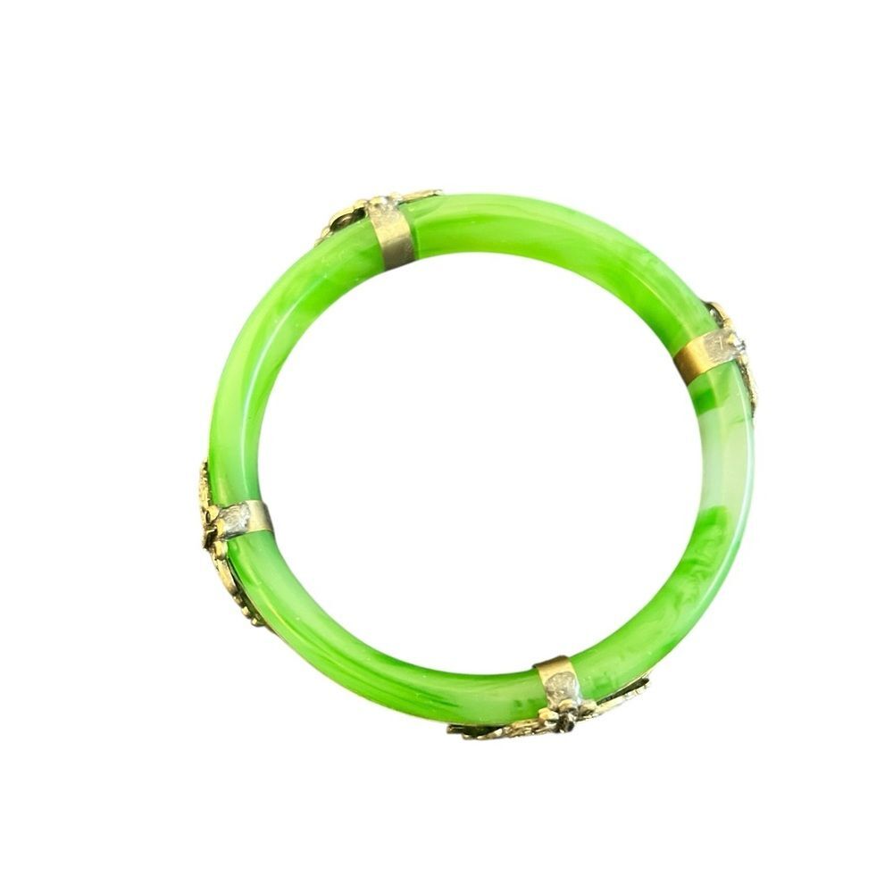 Vintage Jade Bangle Bracelet with Silver Butterfly Accent